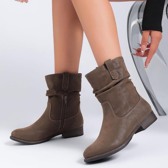 Women's Ankle Boots Faux Leather Flat Low Heel Casual Shoes for Fall Winter - Picture 6 of 6